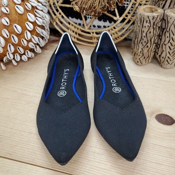 Rothy's Women 9.5/41 Ballet Flat Pointed Toe Knit White Stripe Sustainable Black - Picture 2 of 12